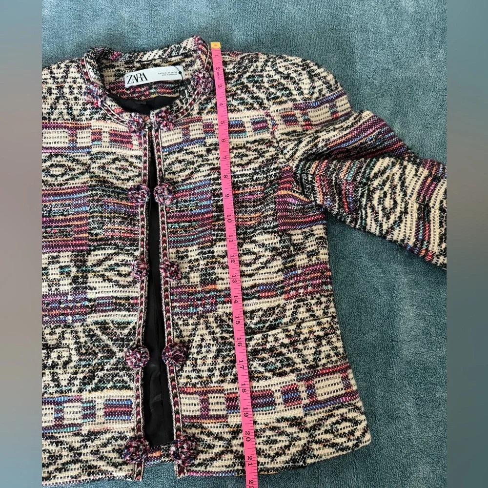 New  Zara Jacquard Jacket Wool Cotton Blend Round Collar Cropped Multicolor XS - Picture 8 of 11